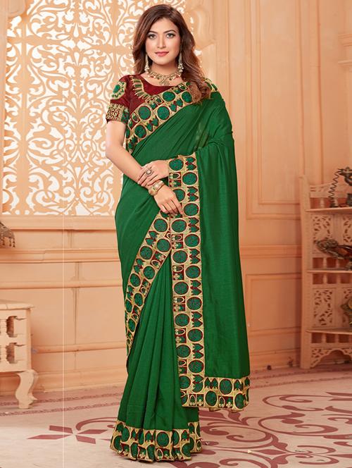 solid bordered saree with blouse - 17573015 - Very Small Image - 1