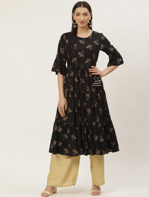 gold print flared kurta - 17573395 - Very Small Image - 1