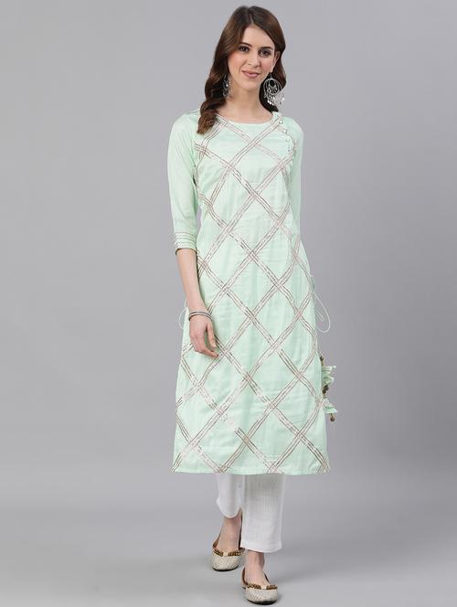 green satin straight kurta - 17573772 - Very Small Image - 1