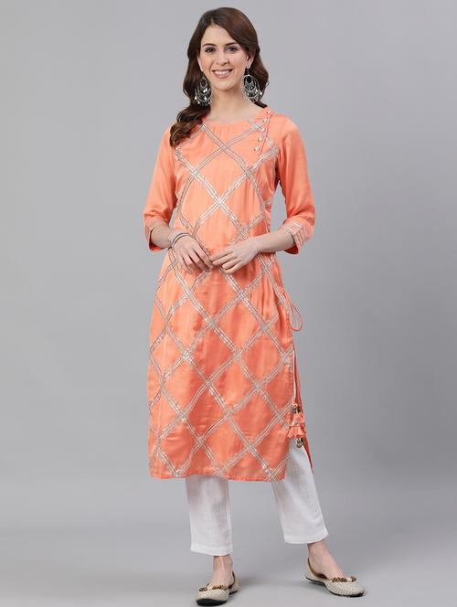 orange satin straight kurta - 17573775 - Very Small Image - 1