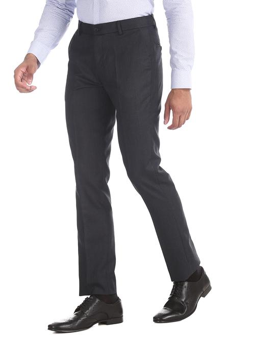 navy blue textured flat front formal trouser - 17574683 - Very Small Image - 1