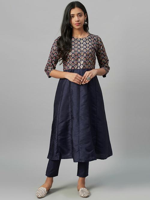 navy art silk kurta pant set - 17578593 - Very Small Image - 1
