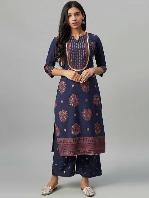 navy crepe kurta palazzo set - 17578640 - Very Small Image - 1