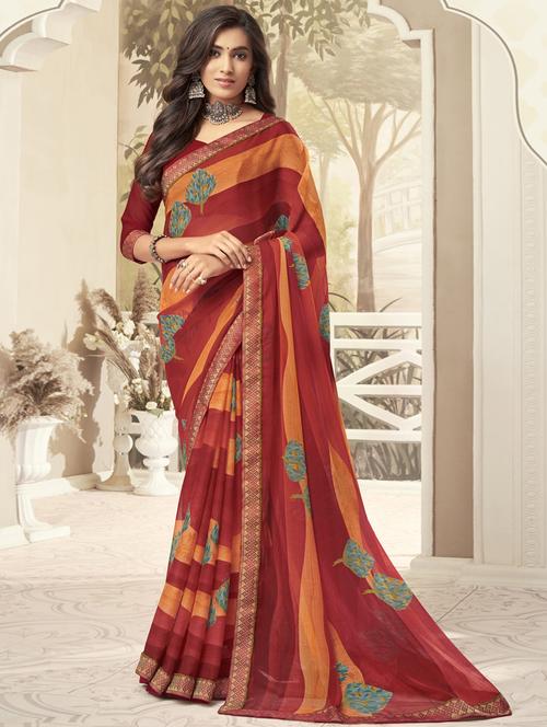 woven bordered printed saree with blouse - 17579436 - Very Small Image - 1