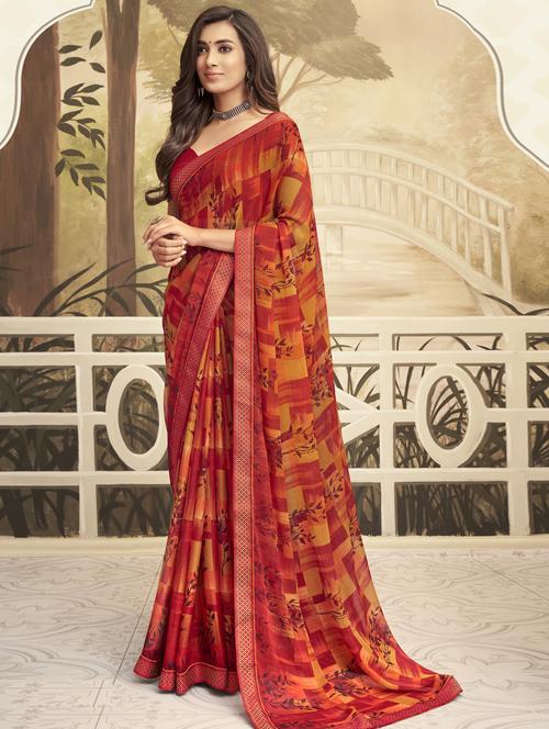 woven bordered printed saree with blouse - 17579441 - Very Small Image - 1