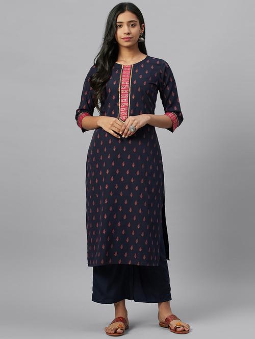 navy crepe straight kurta - 17579746 - Very Small Image - 1