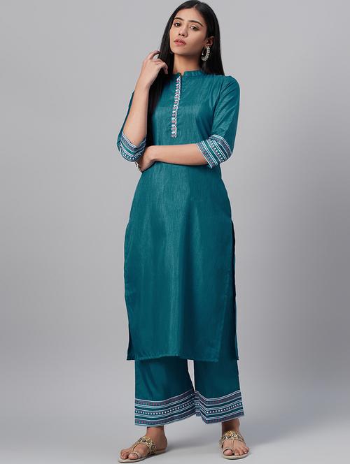 teal art silk straight kurta - 17579760 - Very Small Image - 1