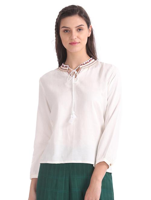 tie up neck embroidered detail top - 17581550 - Very Small Image - 1