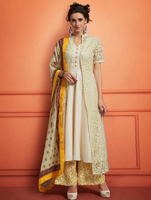 cream georgette semistitched suit - 17583467 - Very Small Image - 1