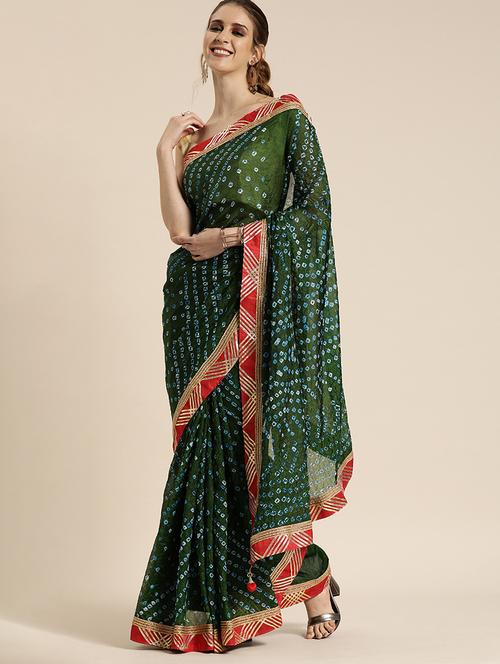 women's bandhani bottle green colored saree with blouse - 17583792 - Very Small Image - 1
