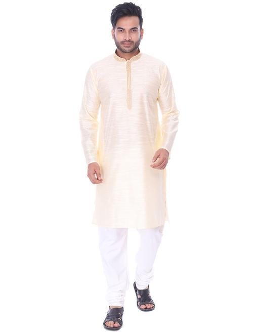 cream solid kurta pyjama set with embroidered neckline - 17585996 - Very Small Image - 1