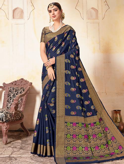 navy cotton blend saree with blouse - 17586457 - Very Small Image - 1