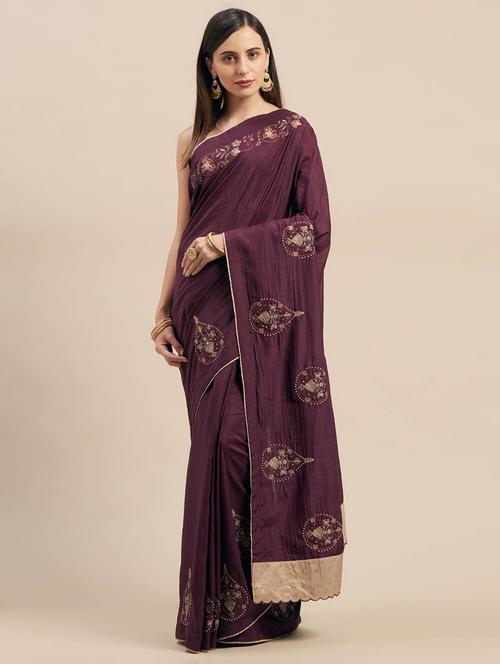 deep purple embroidered saree with blouse - 17586474 - Very Small Image - 1
