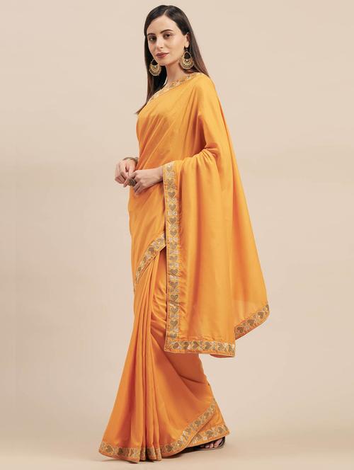 mustard silk blend embroidered saree with blouse - 17586479 - Very Small Image - 1
