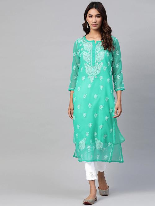 ada hand-embroidered sea green chikankari kurta pant set - 17586486 - Very Small Image - 1