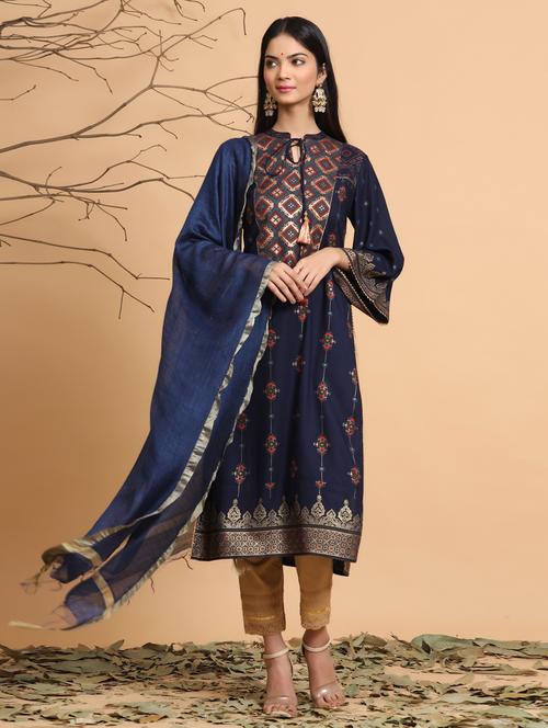 blue printed straight kurta set - 17588667 - Very Small Image - 1