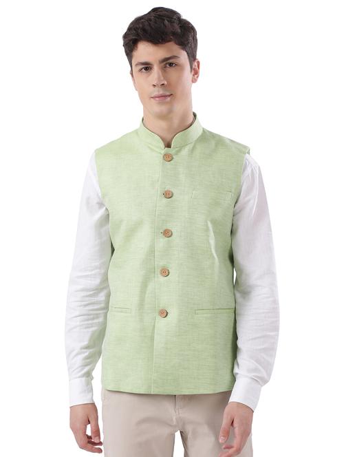 green solid linen nehru jacket - 17592337 - Very Small Image - 1