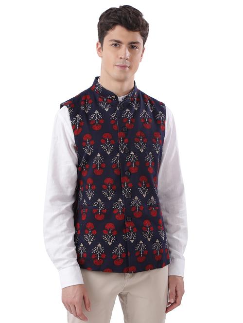 navy blue printed nehru jacket - 17592340 - Very Small Image - 1