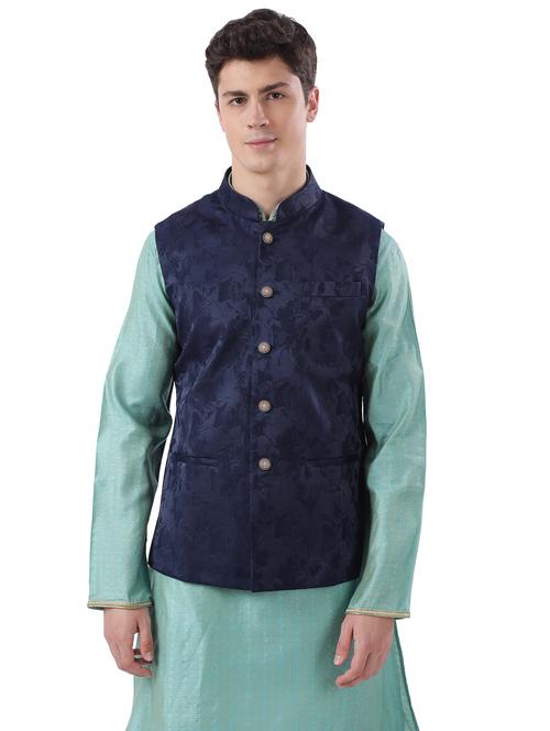 navy blue jacquard nehru jacket - 17592354 - Very Small Image - 1