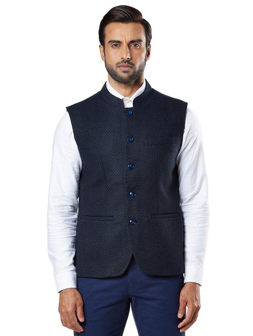 navy blue self design nehru jacket - 17592370 - Very Small Image - 1