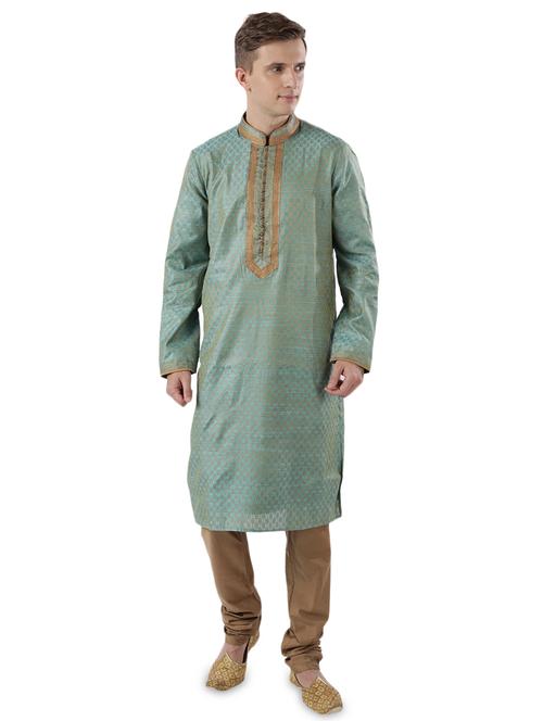 blue jacquard long kurta with embroidered neckline - 17592405 - Very Small Image - 1