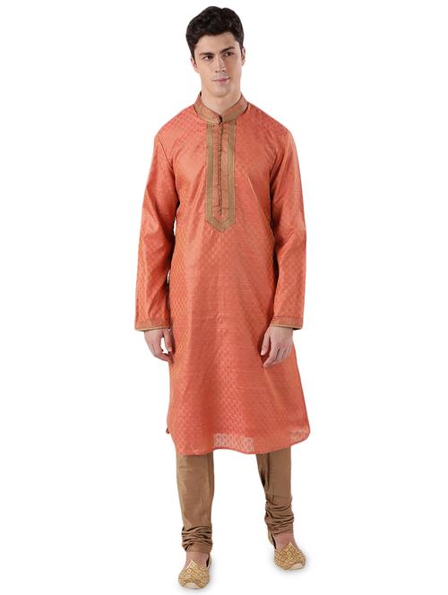 peach jacquard long kurta with embroidered neckline - 17592406 - Very Small Image - 1