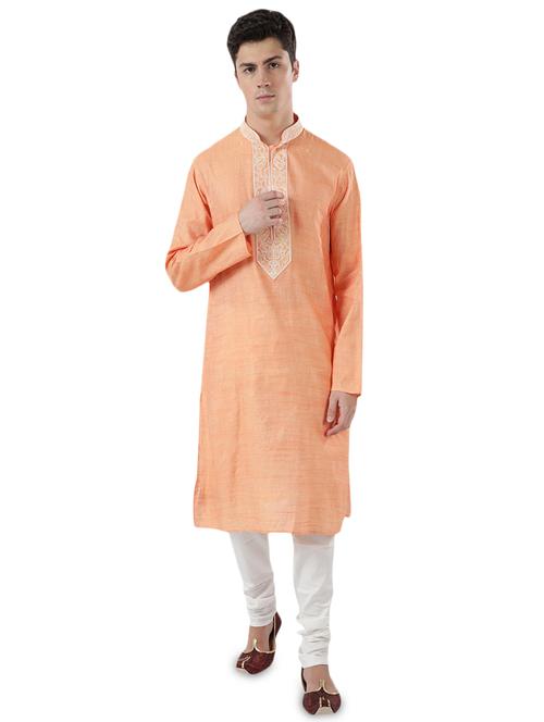 orange solid long kurta with embroidered neckline - 17592408 - Very Small Image - 1