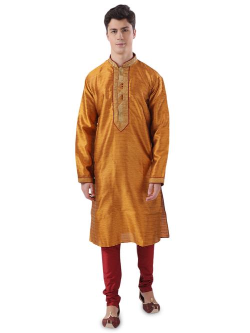 yellow jacquard long kurta with embroidered neckline - 17592415 - Very Small Image - 1