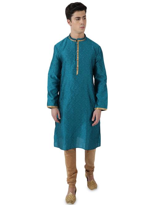 teal jacquard long kurta - 17592417 - Very Small Image - 1
