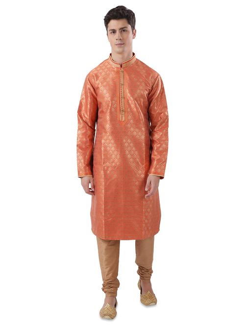 orange jacquard long kurta with embroidered neckline - 17592432 - Very Small Image - 1