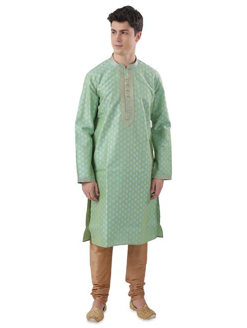 green jacquard long kurta with embroidered neckline - 17592459 - Very Small Image - 1