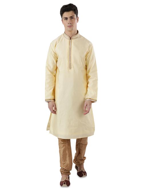 cream jacquard long kurta with embroidered neckline - 17592489 - Very Small Image - 1