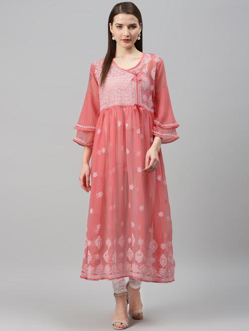 peach chikankari anarkali kurta - 17594116 - Very Small Image - 1