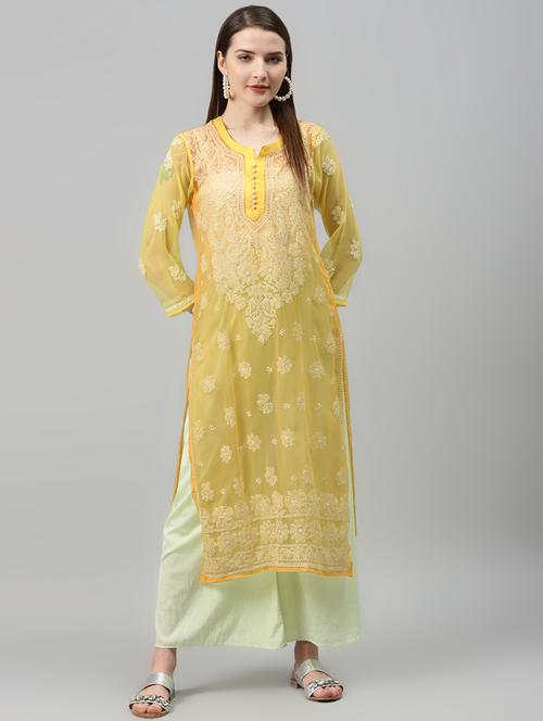 yellow chikankari straight kurta - 17594122 - Very Small Image - 1