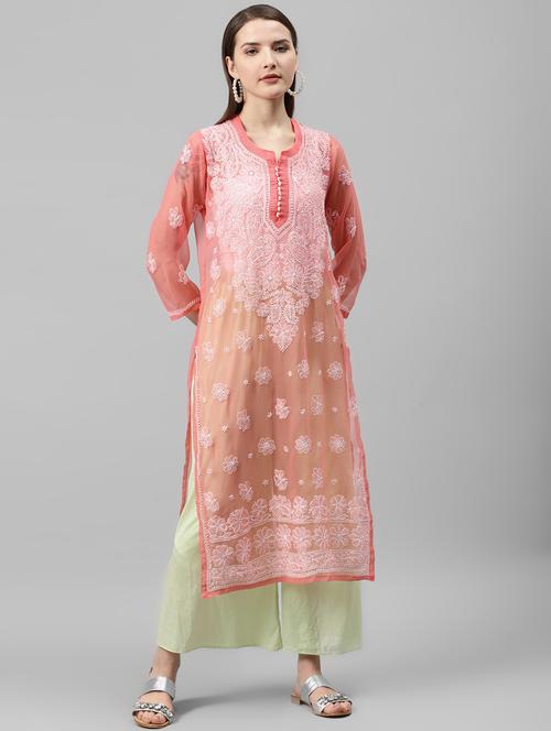 peach chikankari straight kurta - 17594123 - Very Small Image - 1