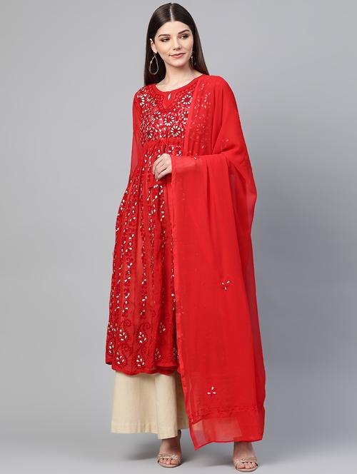red chikankari anarkali kurta - 17594132 - Very Small Image - 1