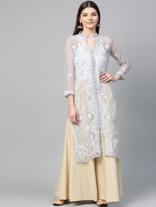 grey chikankari a-line kurta - 17594137 - Very Small Image - 1