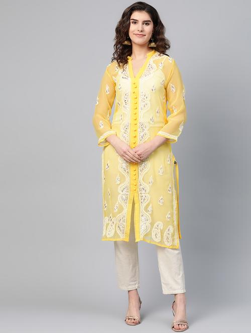 yellow chikankari a-line kurta - 17594143 - Very Small Image - 1