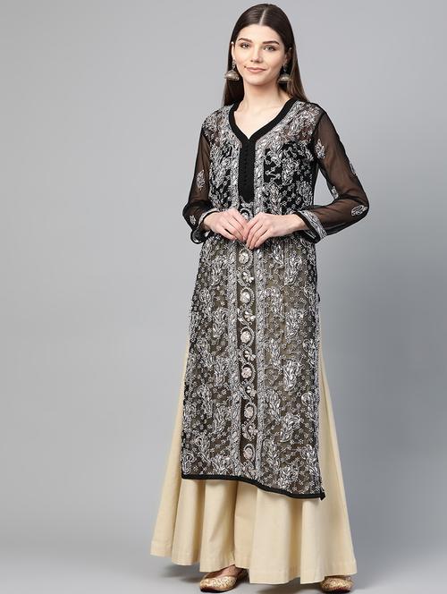black chikankari a-line kurta - 17594145 - Very Small Image - 1