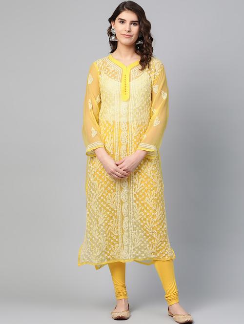 yellow chikankari a-line kurta - 17594149 - Very Small Image - 1