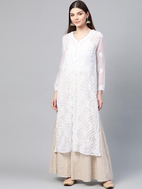 white chikankari a-line kurta - 17594155 - Very Small Image - 1