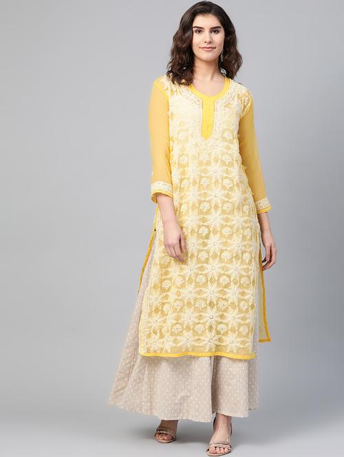 yellow chikankari a-line kurta - 17594165 - Very Small Image - 1