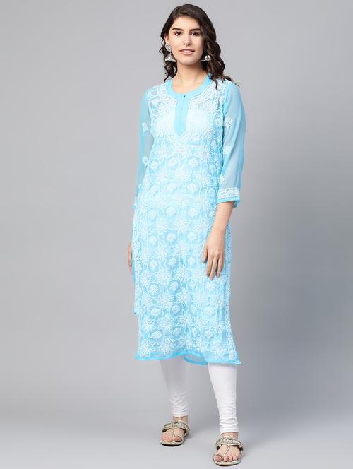 blue chikankari a-line kurta - 17594168 - Very Small Image - 1