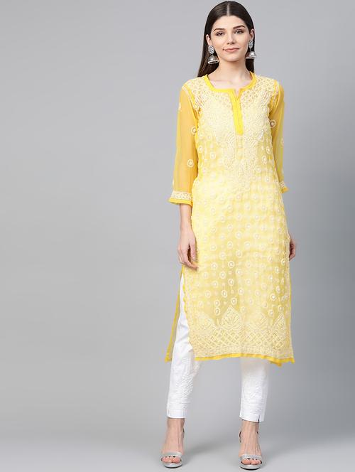 yellow chikankari a-line kurta - 17594173 - Very Small Image - 1