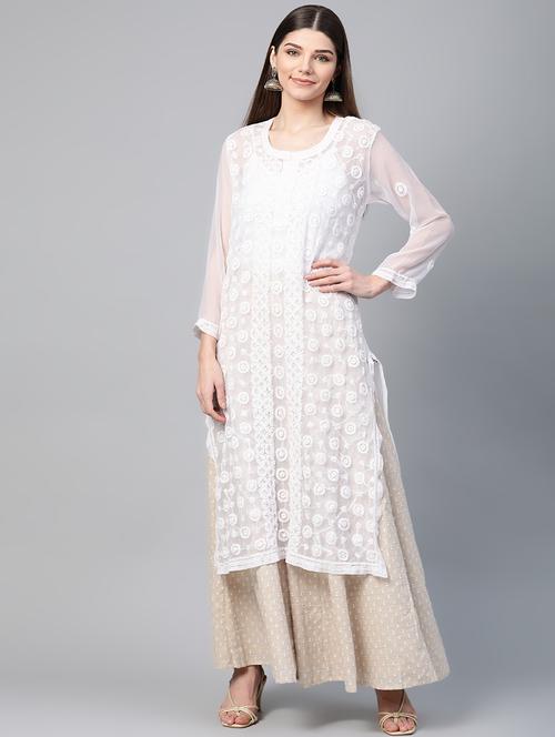 white chikankari a-line kurta - 17594178 - Very Small Image - 1