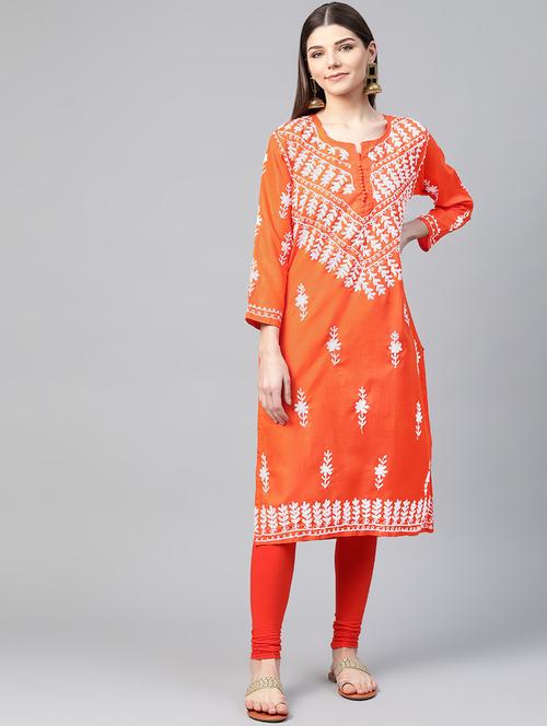 orange chikankari a-line kurta - 17594192 - Very Small Image - 1