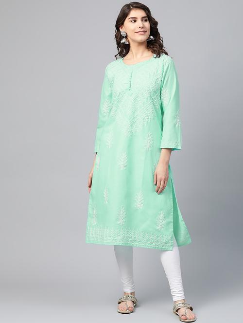 green chikankari a-line kurta - 17594193 - Very Small Image - 1