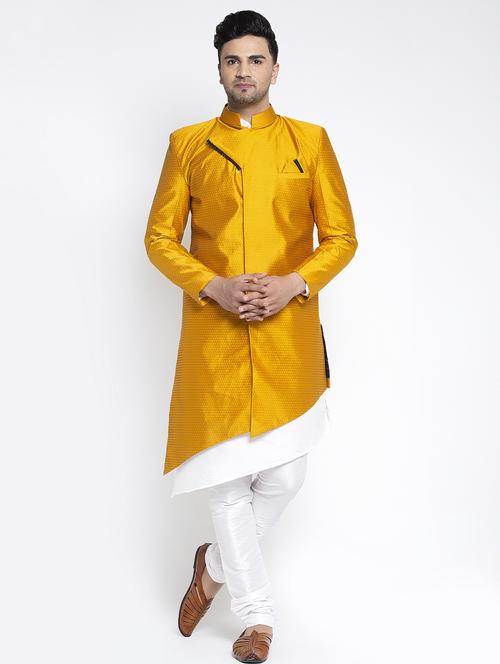 yellow self design sherwani ethnic wear set - 17594262 - Very Small Image - 1