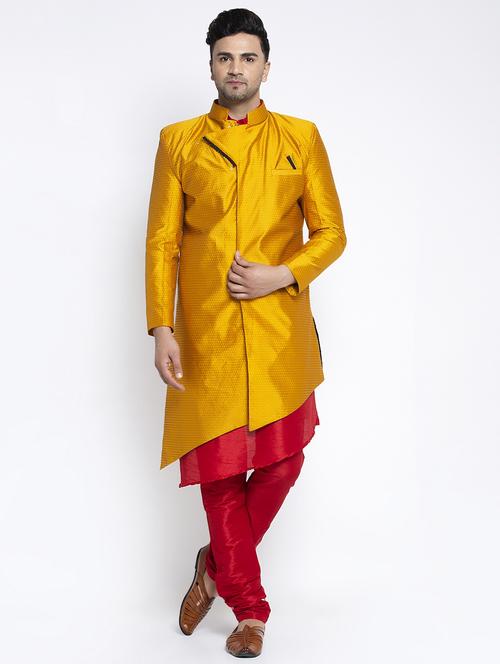 yellow self design sherwani ethnic wear set - 17594278 - Very Small Image - 1