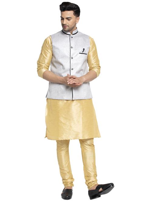 gold solid kurta pajama ethnic set with grey nehru jacket - 17594294 - Very Small Image - 1